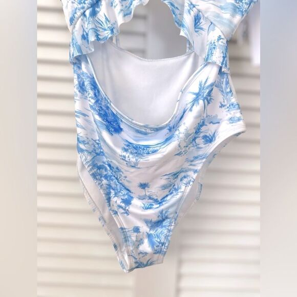 HURLEY Tropical Palm Tree Blue Cutout One Piece Swimsuit Size L - Picture 4 of 15